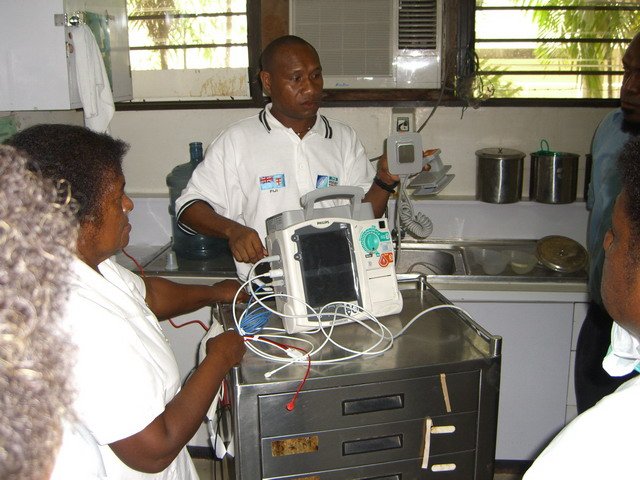 Nurses at Port Moresby General Hospital — user training on a new Philips MRx defibrillator/monitor